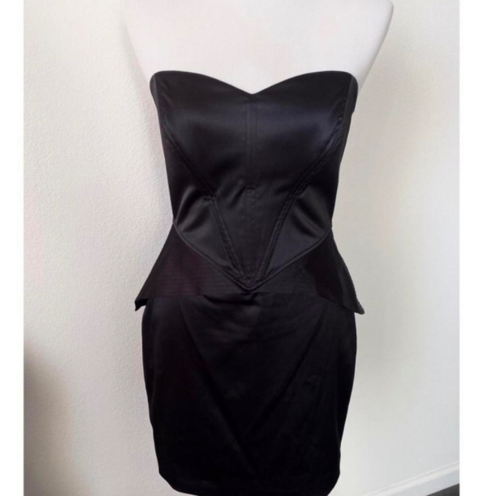 Betsey Johnson Vintage Black Satin Strapless Corset Sweetheart Neck Peplum Dress